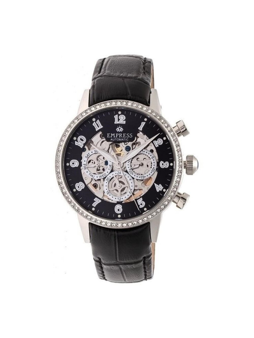 NWT Empress Beatrice Black Skeleton Dial Black Leather Strap Ladies Watch